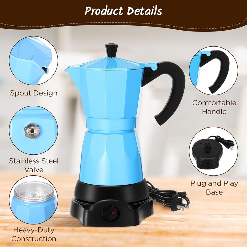 Lemosae Coffee Pot 6 Cup Electric Espresso Coffee Maker Italian Moka Maker 300ml Portable Aluminum Espresso Machine Cafetera Moka Pot with Detachable Base, Gift for Home Travel(Blue) - Image 4